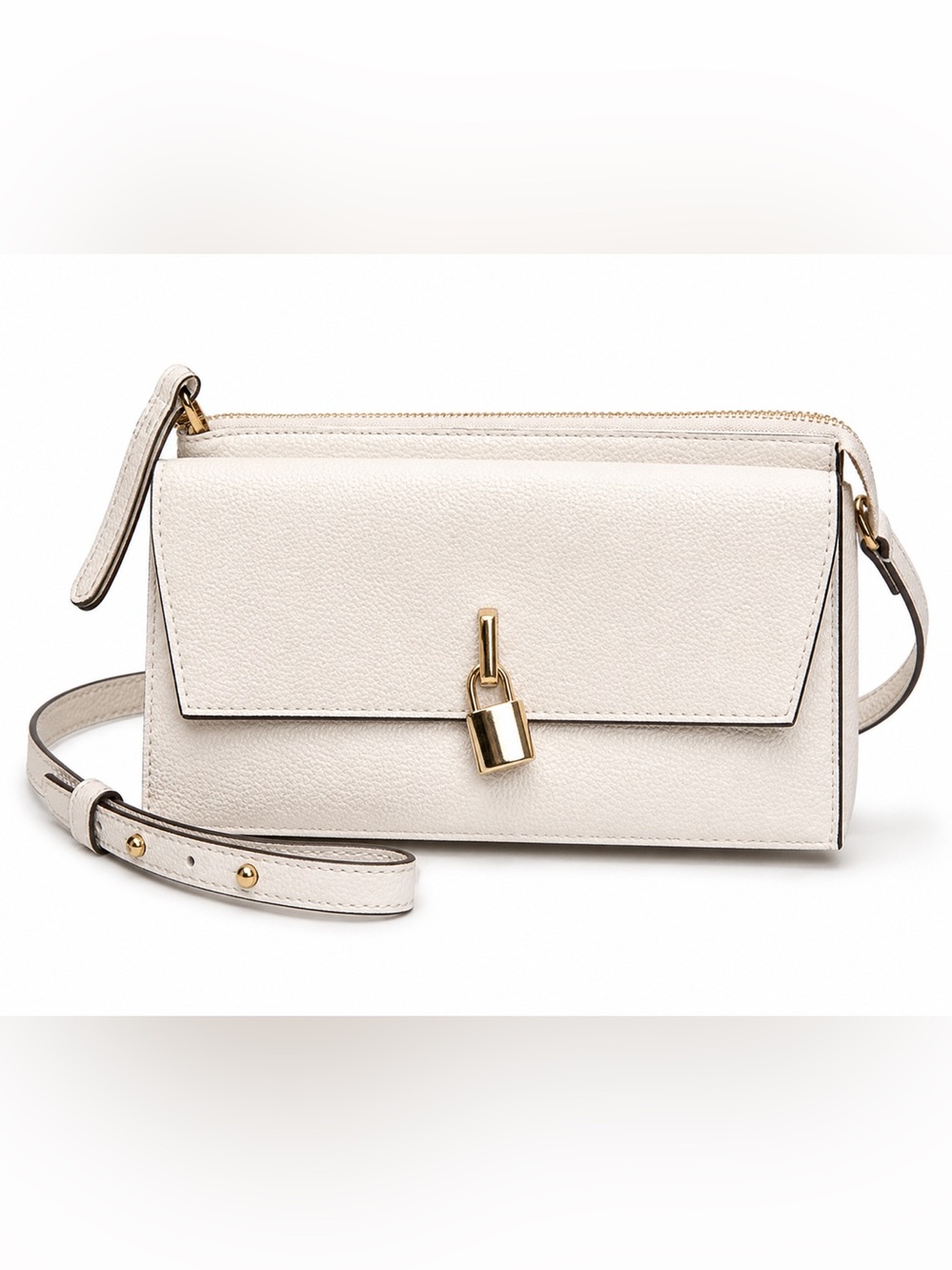 Cream Pebbled Crossbody Bag with Gold Lock Detail